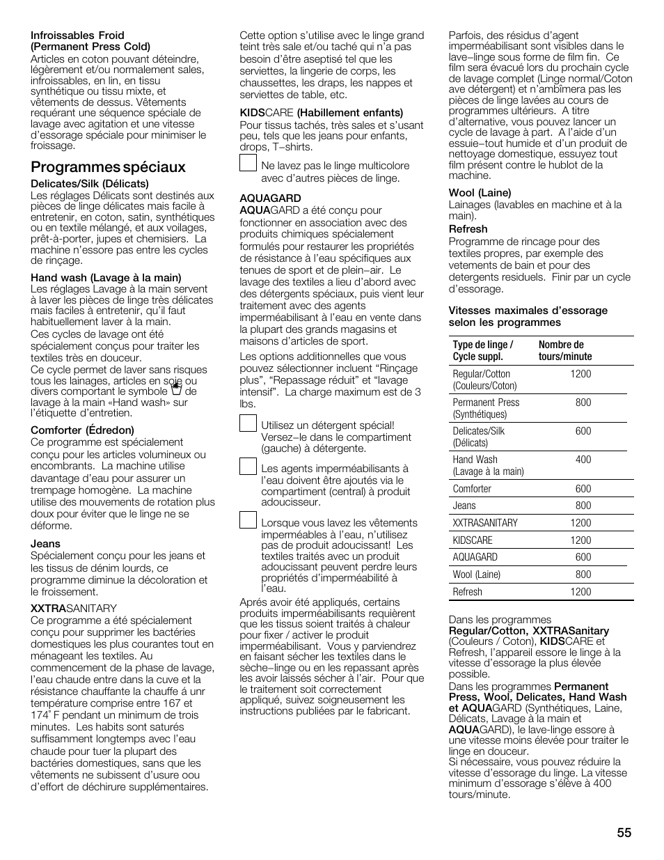 Programmes spéciaux | Bosch Nexxt 800 WFMC8401UC User Manual | Page 55 / 112