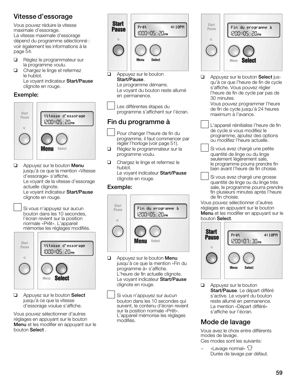 Vitesse d'essorage, Fin du programme à, Mode de lavage | Bosch Nexxt 800 WFMC8401UC User Manual | Page 59 / 112