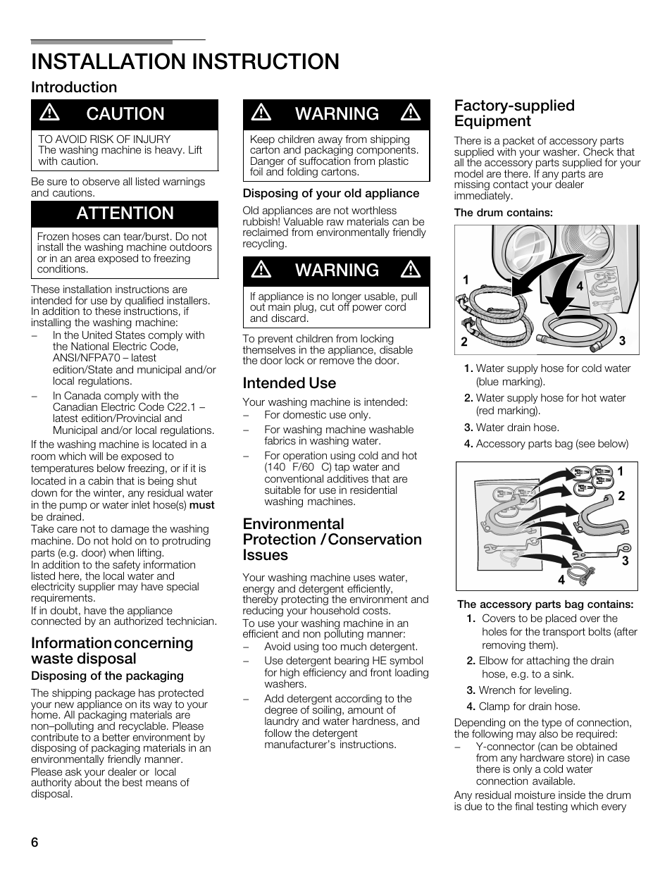 Installation instruction, Caution, Attention | Warning, Introduction, Information concerning waste disposal, Intended use, Environmental protection / conservation issues, Factoryćsupplied equipment | Bosch Nexxt 800 WFMC8401UC User Manual | Page 6 / 112