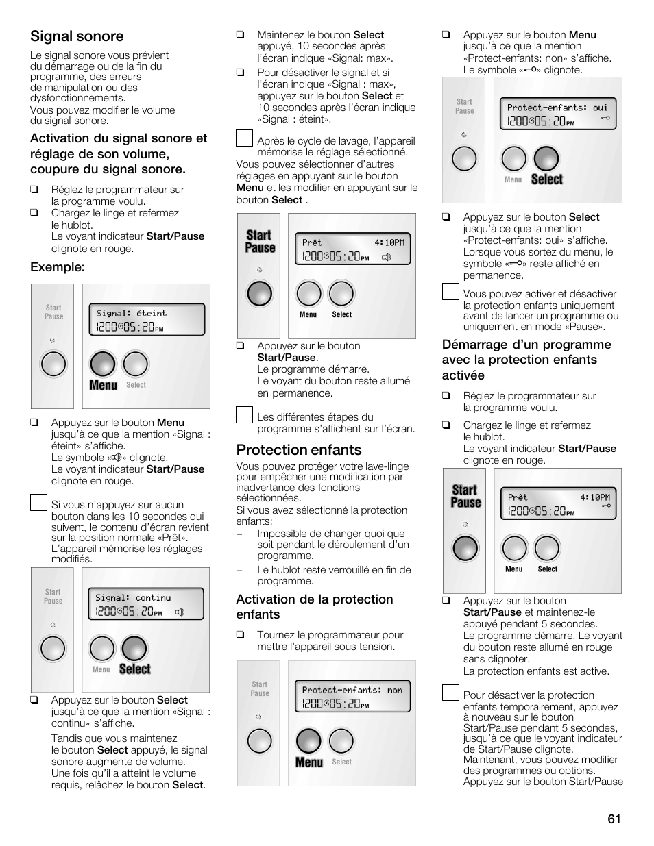 Signal sonore, Protection enfants | Bosch Nexxt 800 WFMC8401UC User Manual | Page 61 / 112