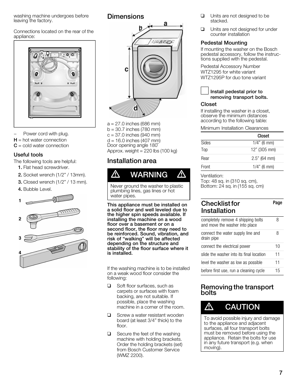 Warning, Caution, Dimensions | Installation area, Checklist for installation, Removing the transport bolts | Bosch Nexxt 800 WFMC8401UC User Manual | Page 7 / 112