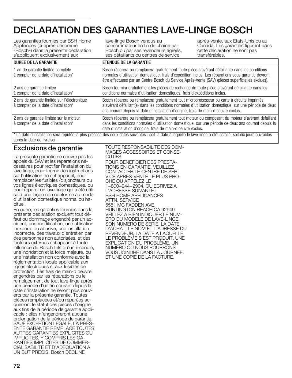 Declaration des garanties lavećlinge bosch, Exclusions de garantie | Bosch Nexxt 800 WFMC8401UC User Manual | Page 72 / 112