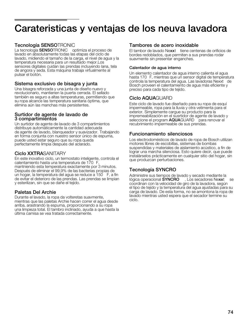 Carateristicas y ventajas de los neuva lavadora | Bosch Nexxt 800 WFMC8401UC User Manual | Page 74 / 112