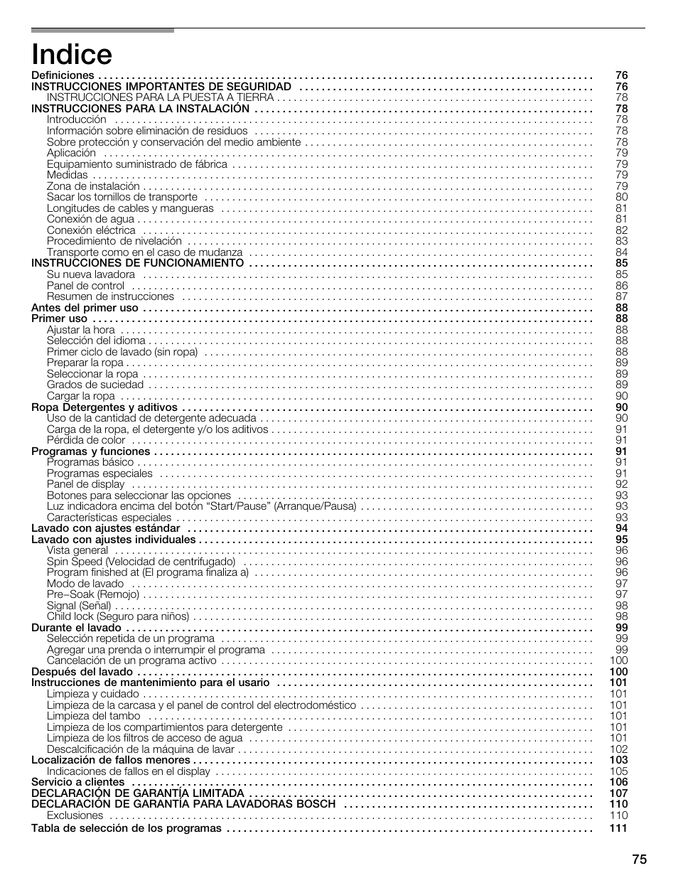 Indice | Bosch Nexxt 800 WFMC8401UC User Manual | Page 75 / 112