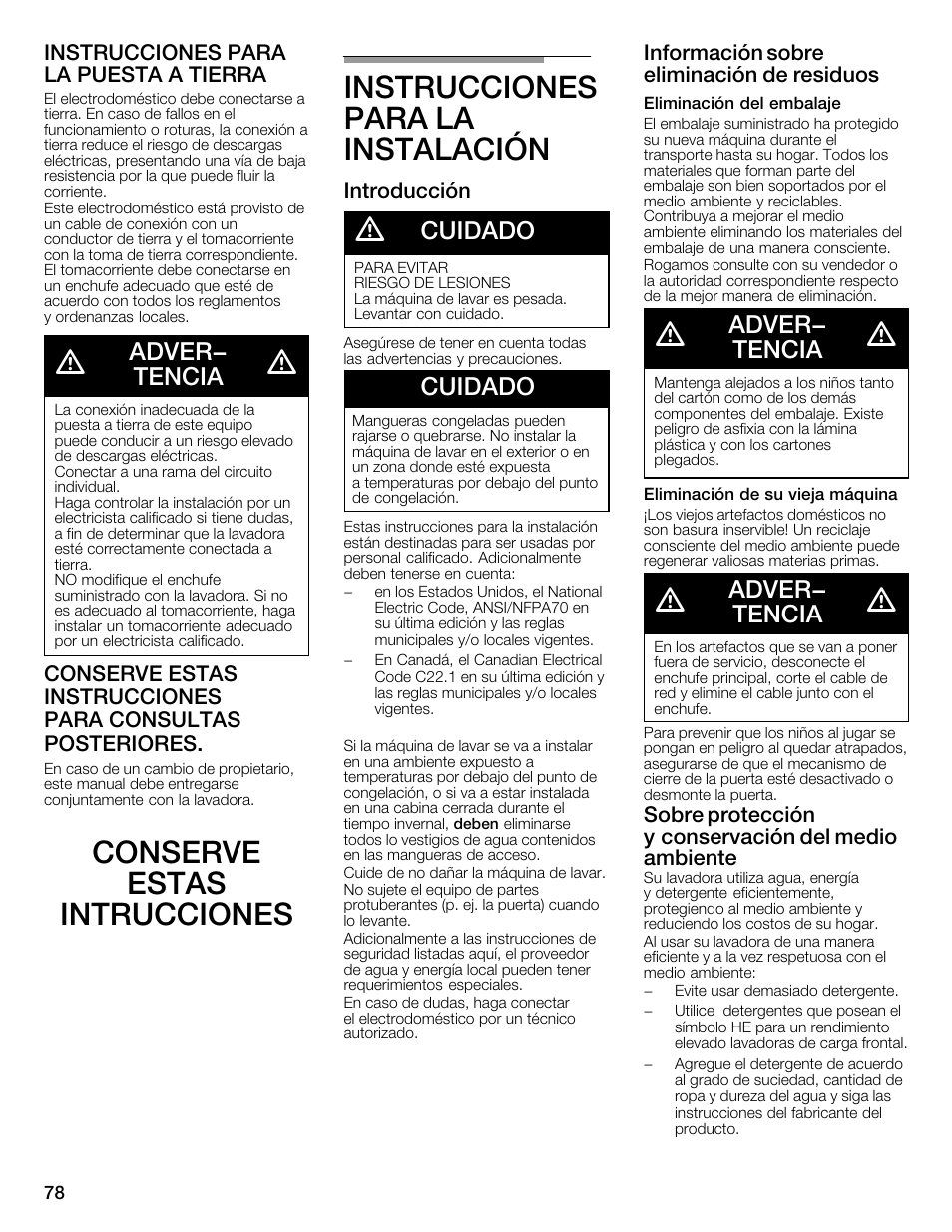 Adver- tencia, Cuidado, Instrucciones para la puesta aătierra | Introducción, Información sobre eliminación de residuos, Sobre protección yăconservación del medio ambiente | Bosch Nexxt 800 WFMC8401UC User Manual | Page 78 / 112