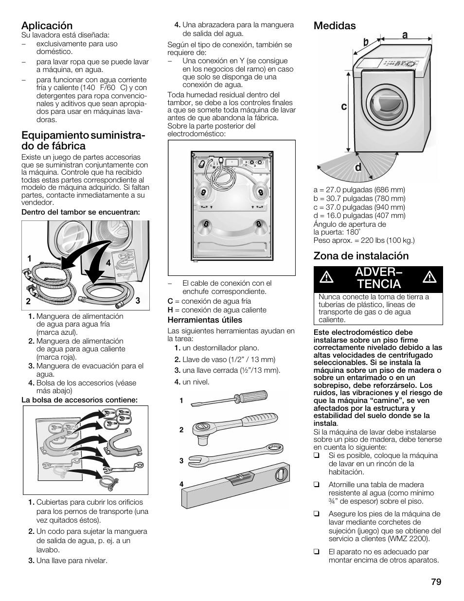 Adver- tencia, Aplicación, Equipamiento suministrać do de fábrica | Medidas, Zona de instalación | Bosch Nexxt 800 WFMC8401UC User Manual | Page 79 / 112