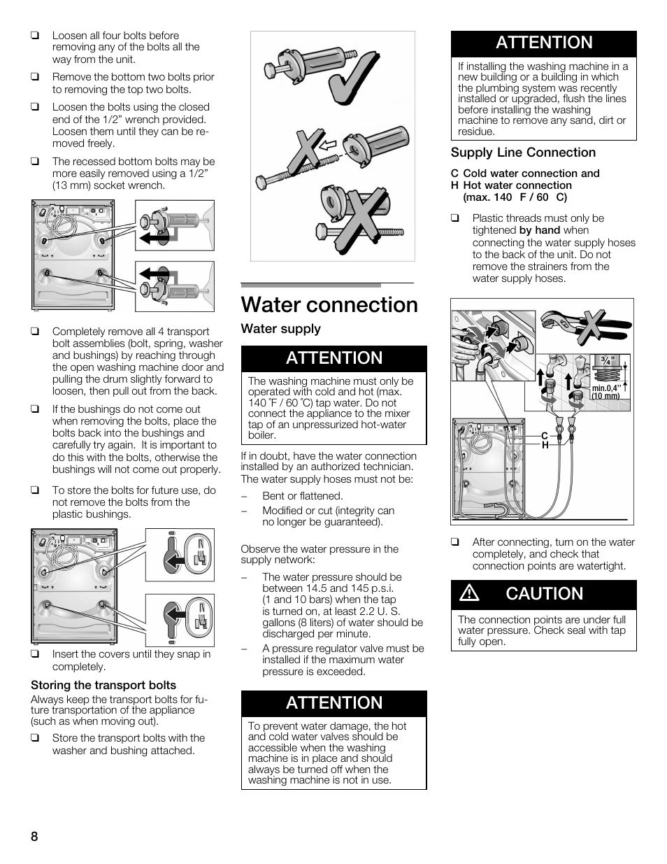 Water connection, Attention, Caution | Bosch Nexxt 800 WFMC8401UC User Manual | Page 8 / 112