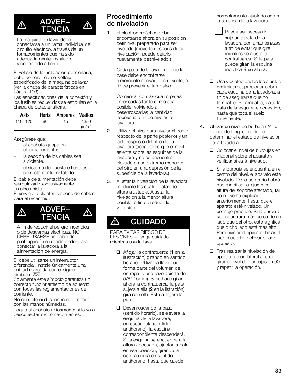 Adver- tencia, Cuidado, Procedimiento deănivelación | Bosch Nexxt 800 WFMC8401UC User Manual | Page 83 / 112