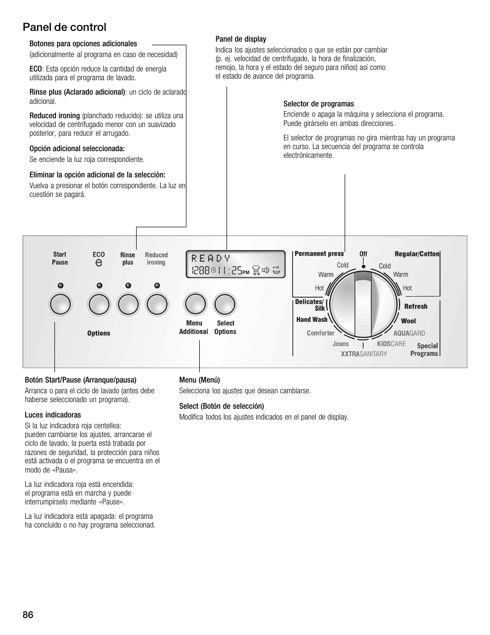 Panel de control | Bosch Nexxt 800 WFMC8401UC User Manual | Page 86 / 112