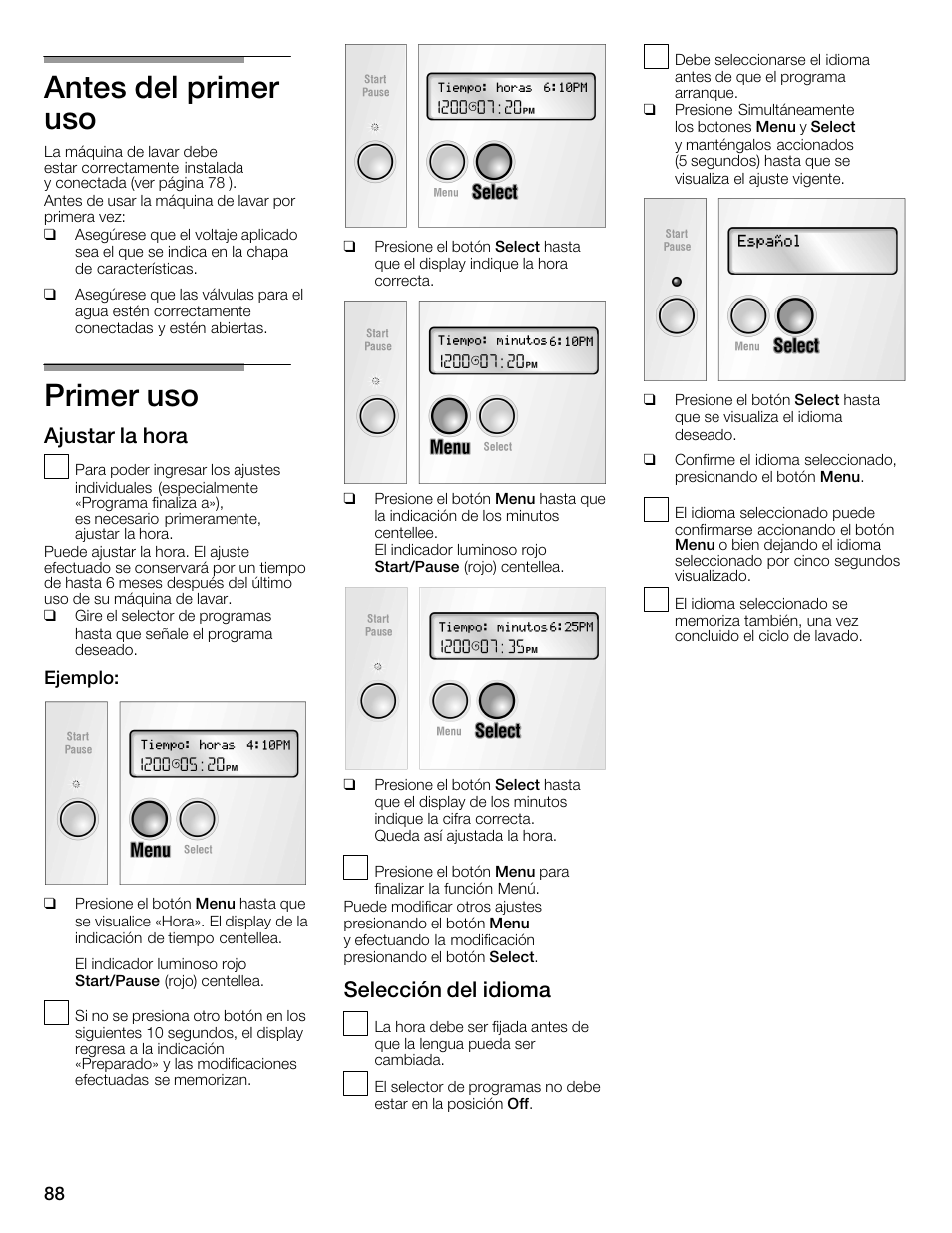 Antes del primer uso, Primer uso, Ajustar la hora | Selección del idioma | Bosch Nexxt 800 WFMC8401UC User Manual | Page 88 / 112