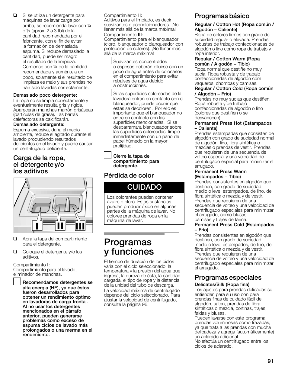 Programas yăfunciones, Cuidado, Carga de la ropa, elădetergente y/o losăaditivos | Pérdida de color, Programas básico, Programas especiales | Bosch Nexxt 800 WFMC8401UC User Manual | Page 91 / 112