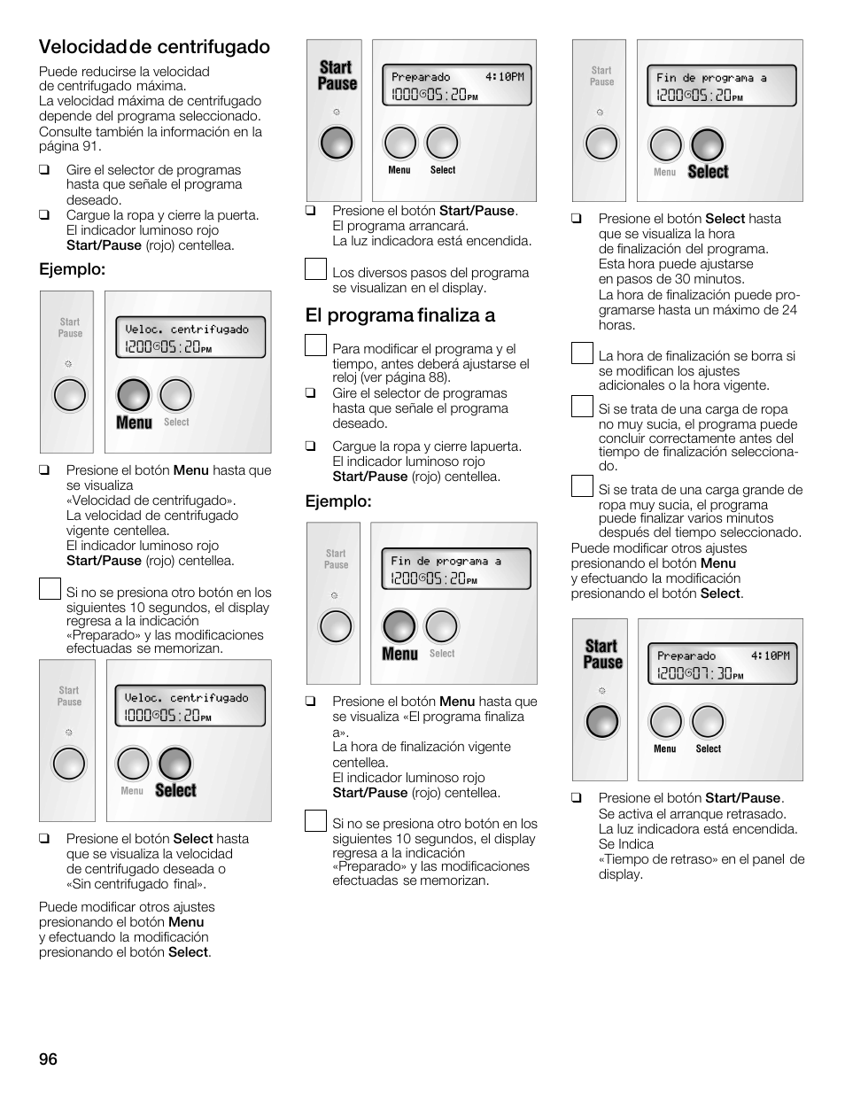 Velocidad de centrifugado, El programa finaliza a | Bosch Nexxt 800 WFMC8401UC User Manual | Page 96 / 112