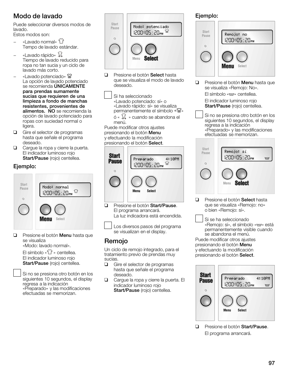 Modo de lavado, Remojo | Bosch Nexxt 800 WFMC8401UC User Manual | Page 97 / 112