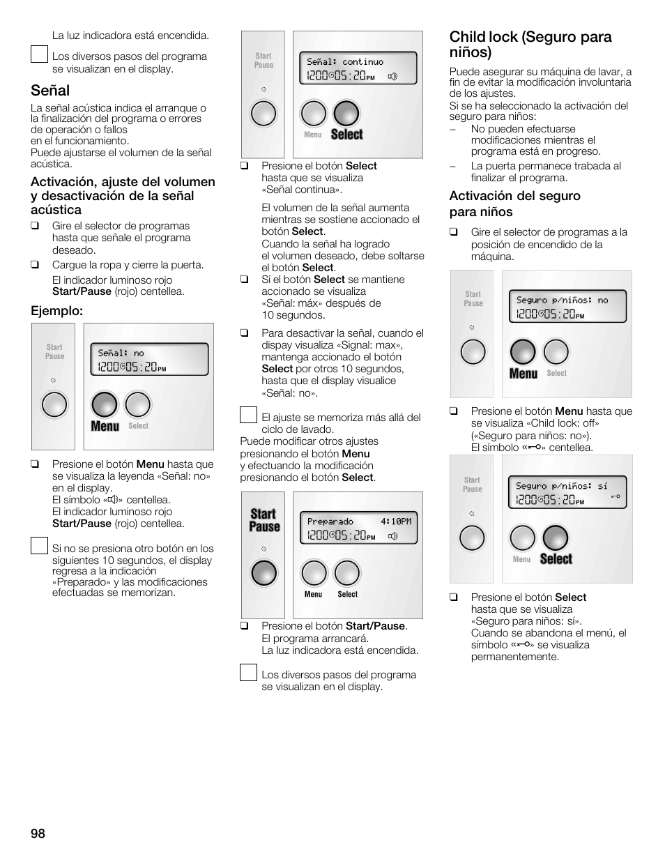 Señal, Child lock (seguro para niños) | Bosch Nexxt 800 WFMC8401UC User Manual | Page 98 / 112