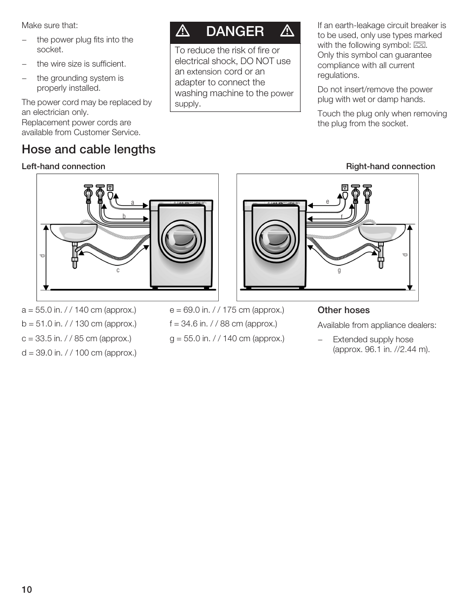 Danger, Hose and cable lengths | Bosch Lavadora Next Premium User Manual | Page 10 / 124