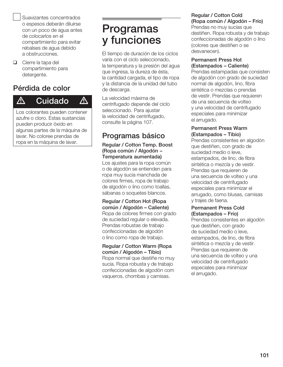 Programas y funciones, Cuidado, Pérdida de color | Programas básico | Bosch Lavadora Next Premium User Manual | Page 101 / 124