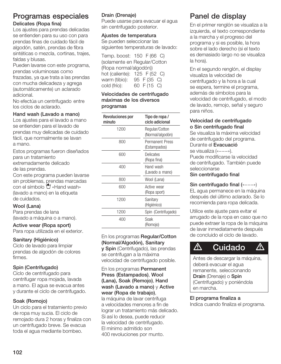 Cuidado, Programas especiales, Panel de display | Bosch Lavadora Next Premium User Manual | Page 102 / 124