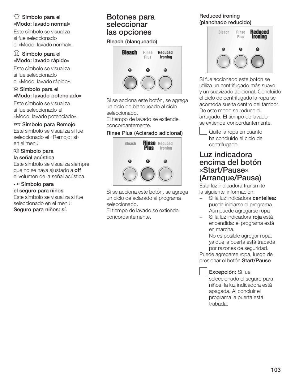 Botones para seleccionar las opciones | Bosch Lavadora Next Premium User Manual | Page 103 / 124