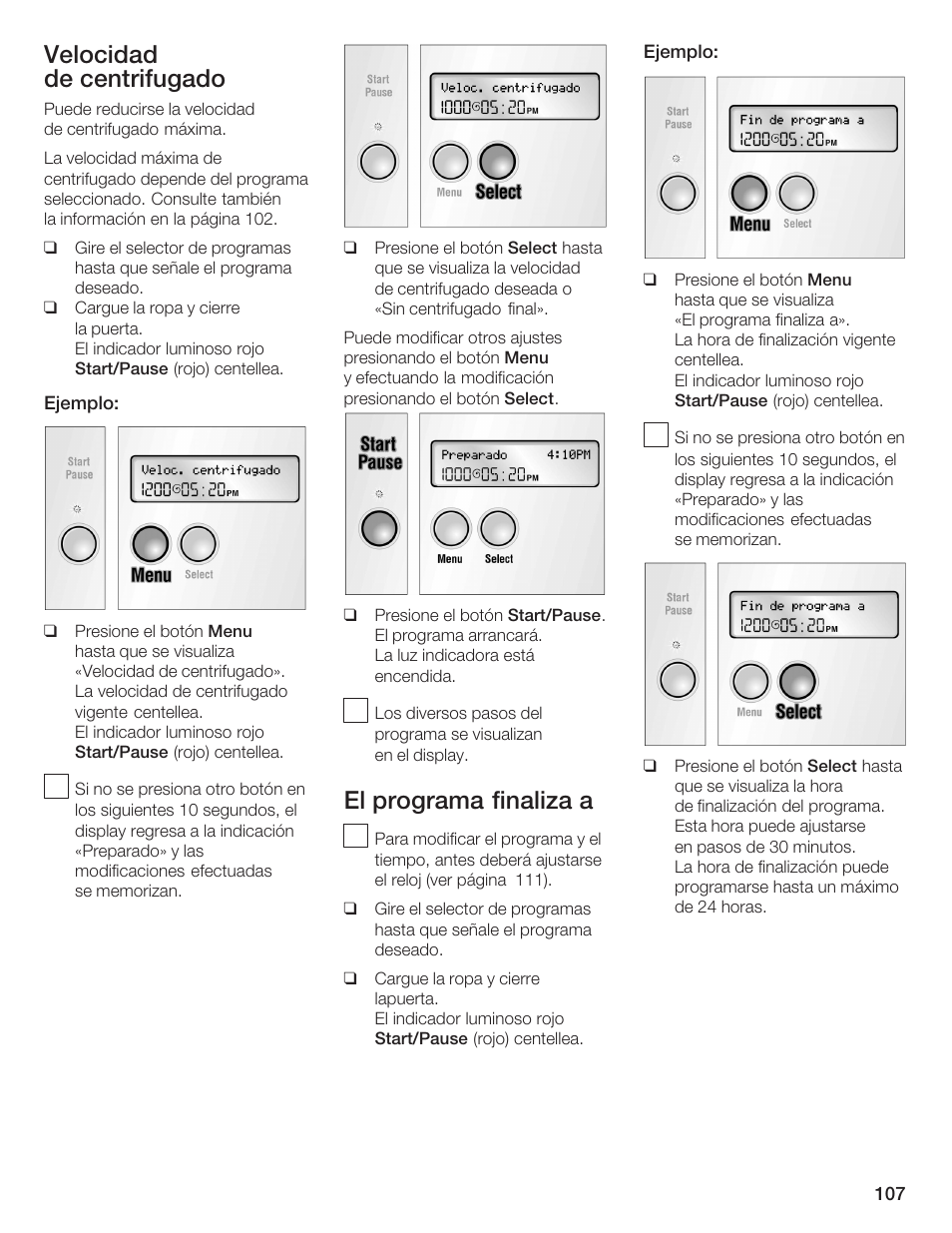 Velocidad de centrifugado, El programa finaliza a | Bosch Lavadora Next Premium User Manual | Page 107 / 124