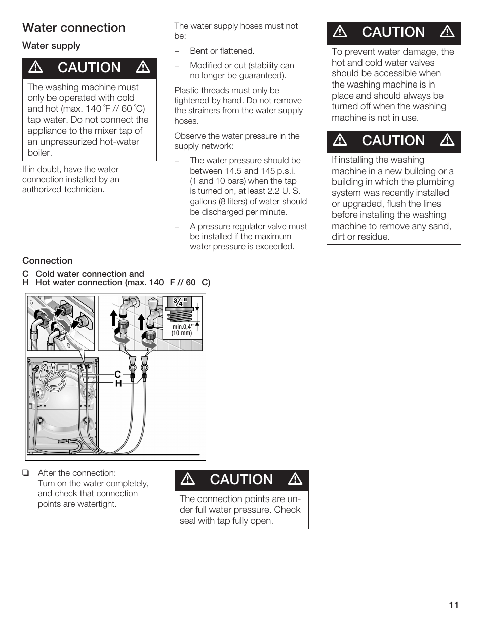 Caution, Water connection | Bosch Lavadora Next Premium User Manual | Page 11 / 124