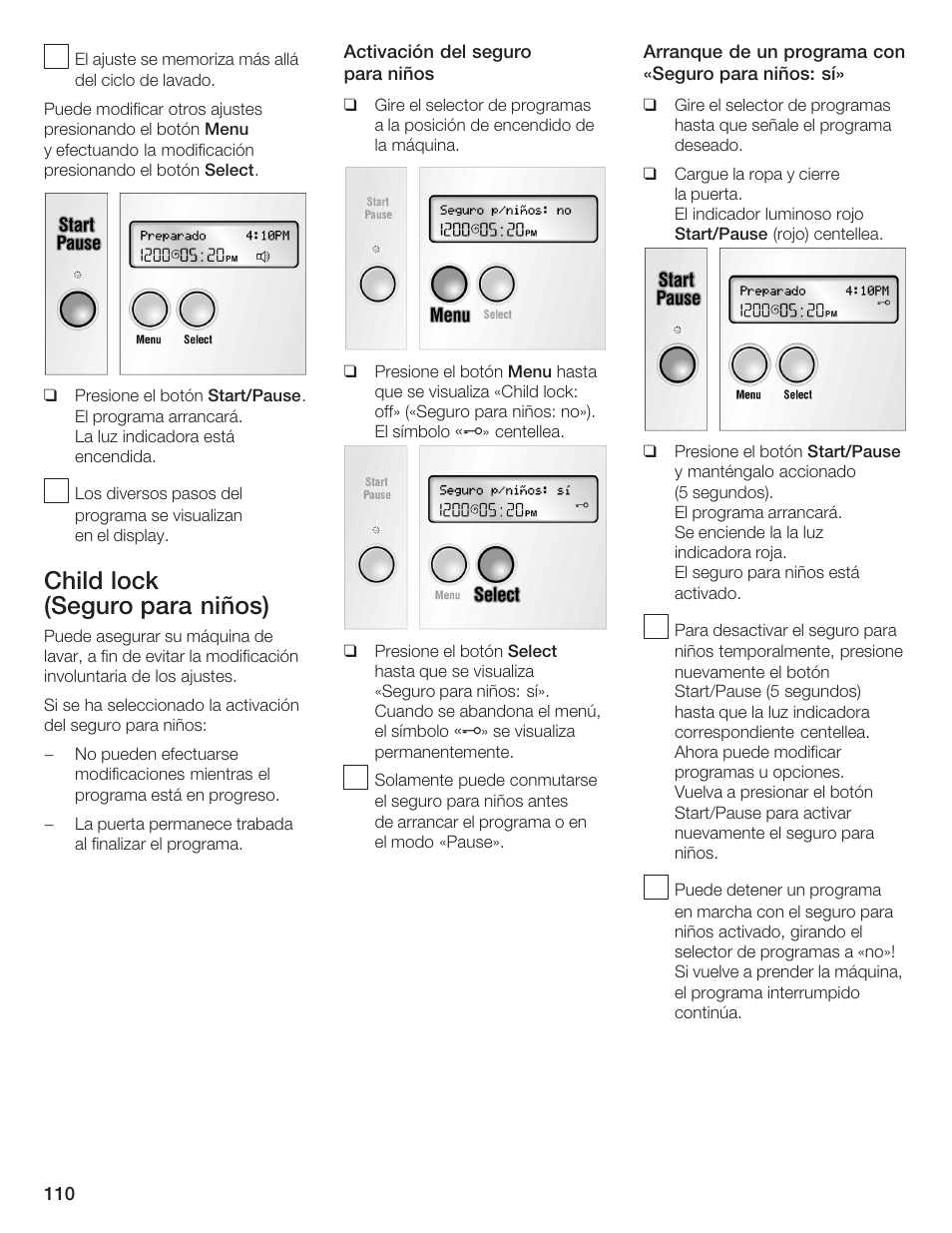 Child lock (seguro para niños) | Bosch Lavadora Next Premium User Manual | Page 110 / 124