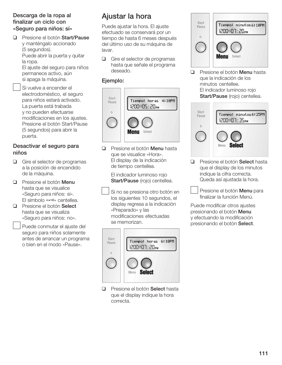 Ajustar la hora | Bosch Lavadora Next Premium User Manual | Page 111 / 124