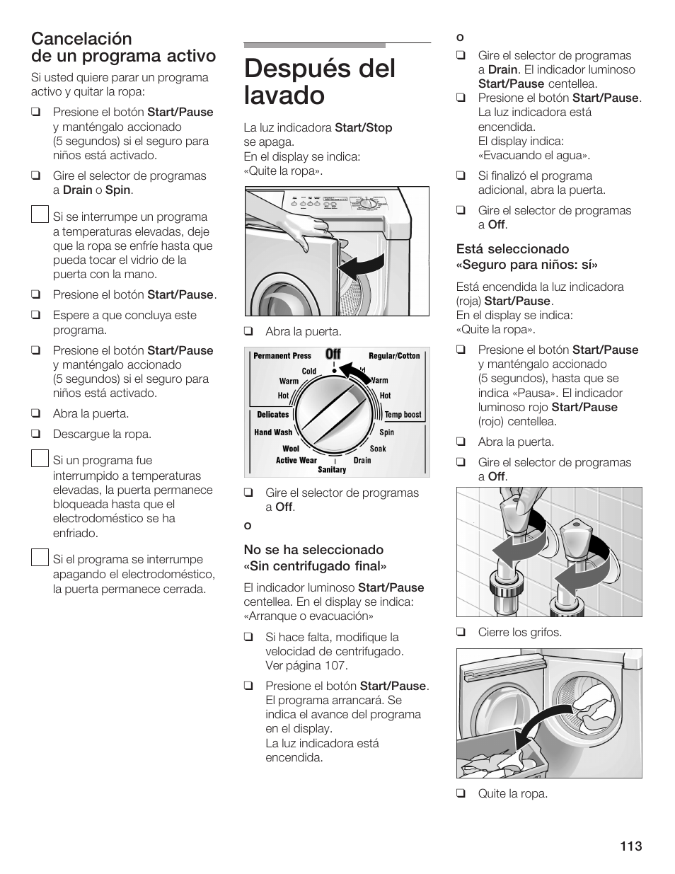 Después del lavado, Cancelación de un programa activo | Bosch Lavadora Next Premium User Manual | Page 113 / 124