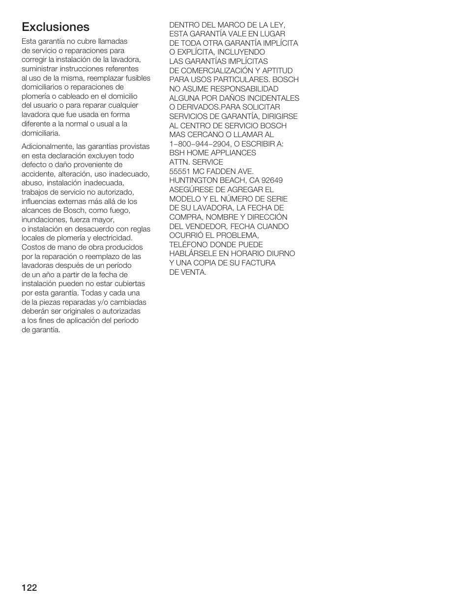 Exclusiones | Bosch Lavadora Next Premium User Manual | Page 122 / 124