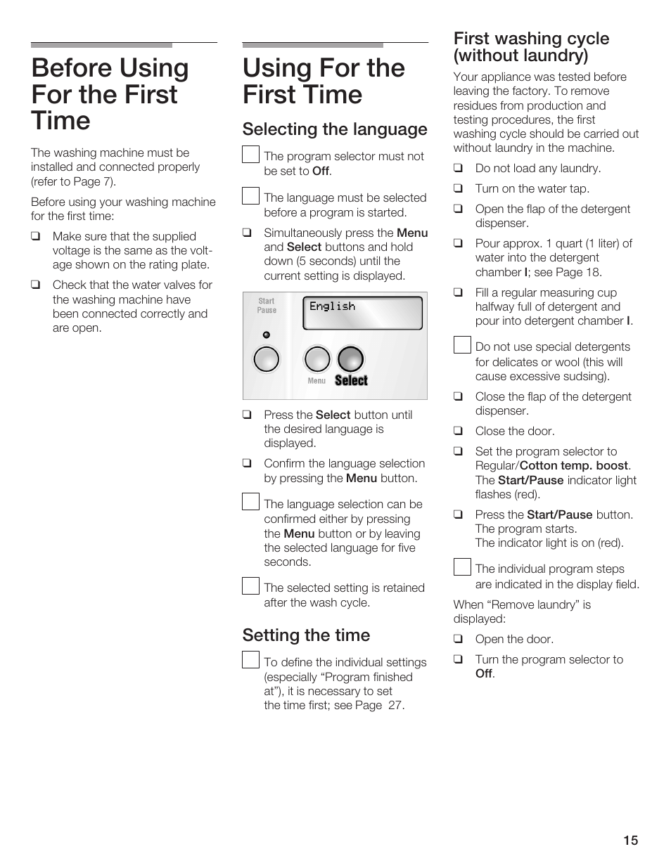 Before using for the first time, Using for the first time, Selecting the language | Setting the time, First washing cycle (without laundry) | Bosch Lavadora Next Premium User Manual | Page 15 / 124