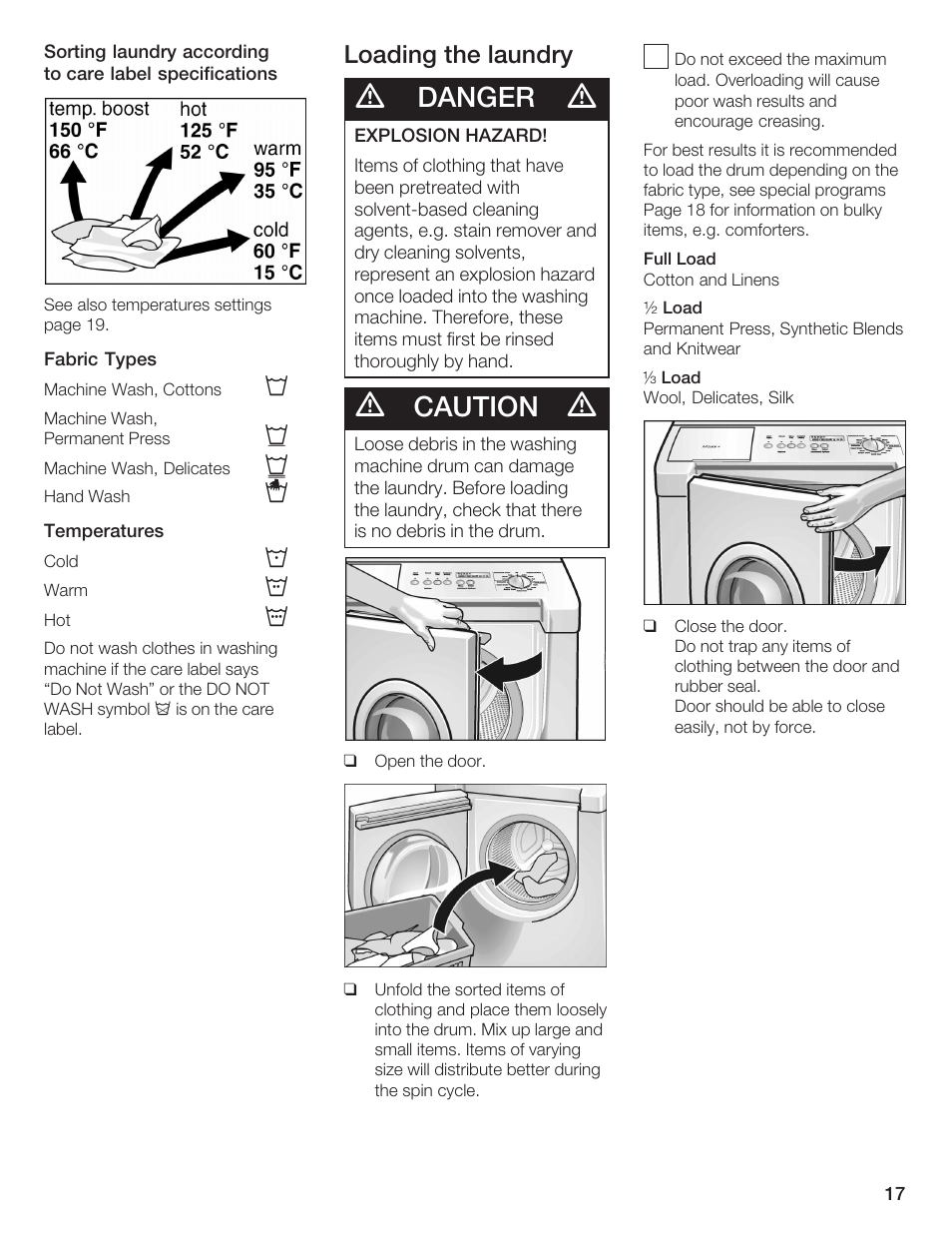 Danger, Caution, Loading the laundry | Bosch Lavadora Next Premium User Manual | Page 17 / 124