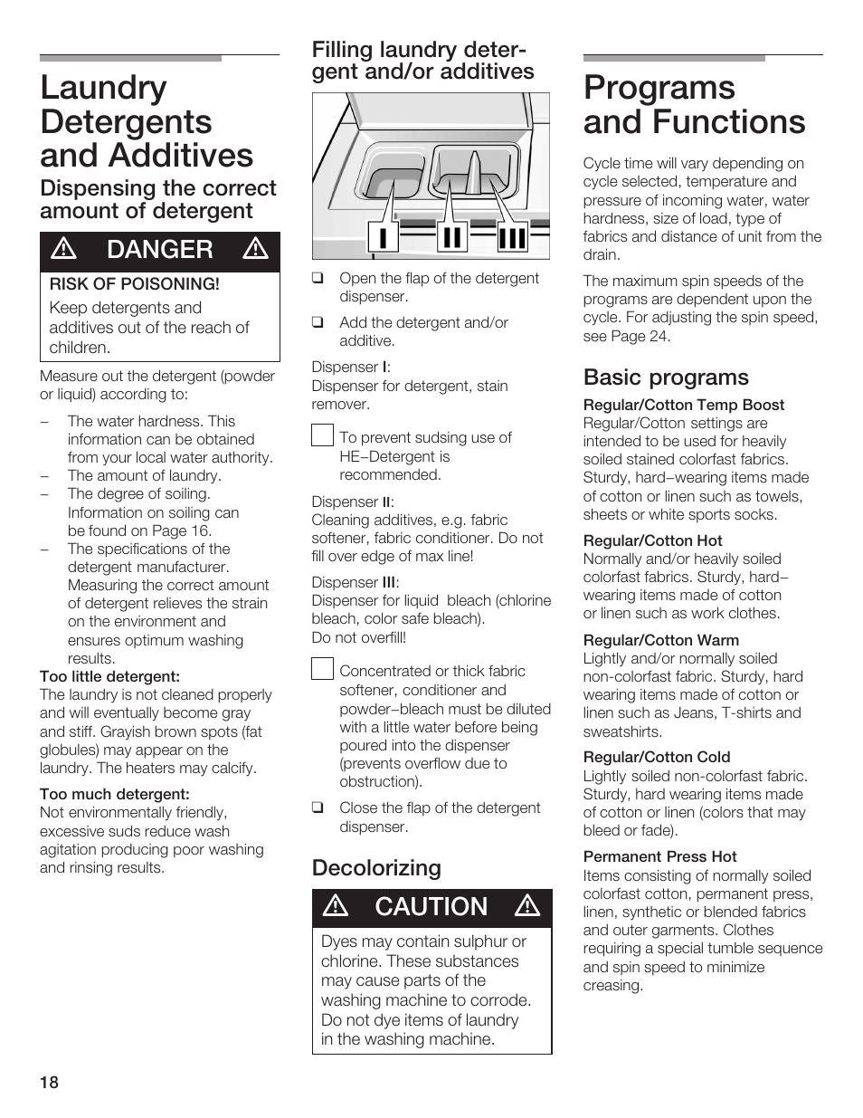 Laundry detergents and additives, Programs and functions, Danger | Caution, Dispensing the correct amount of detergent, Filling laundry deterć gent and/or additives, Decolorizing, Basic programs | Bosch Lavadora Next Premium User Manual | Page 18 / 124