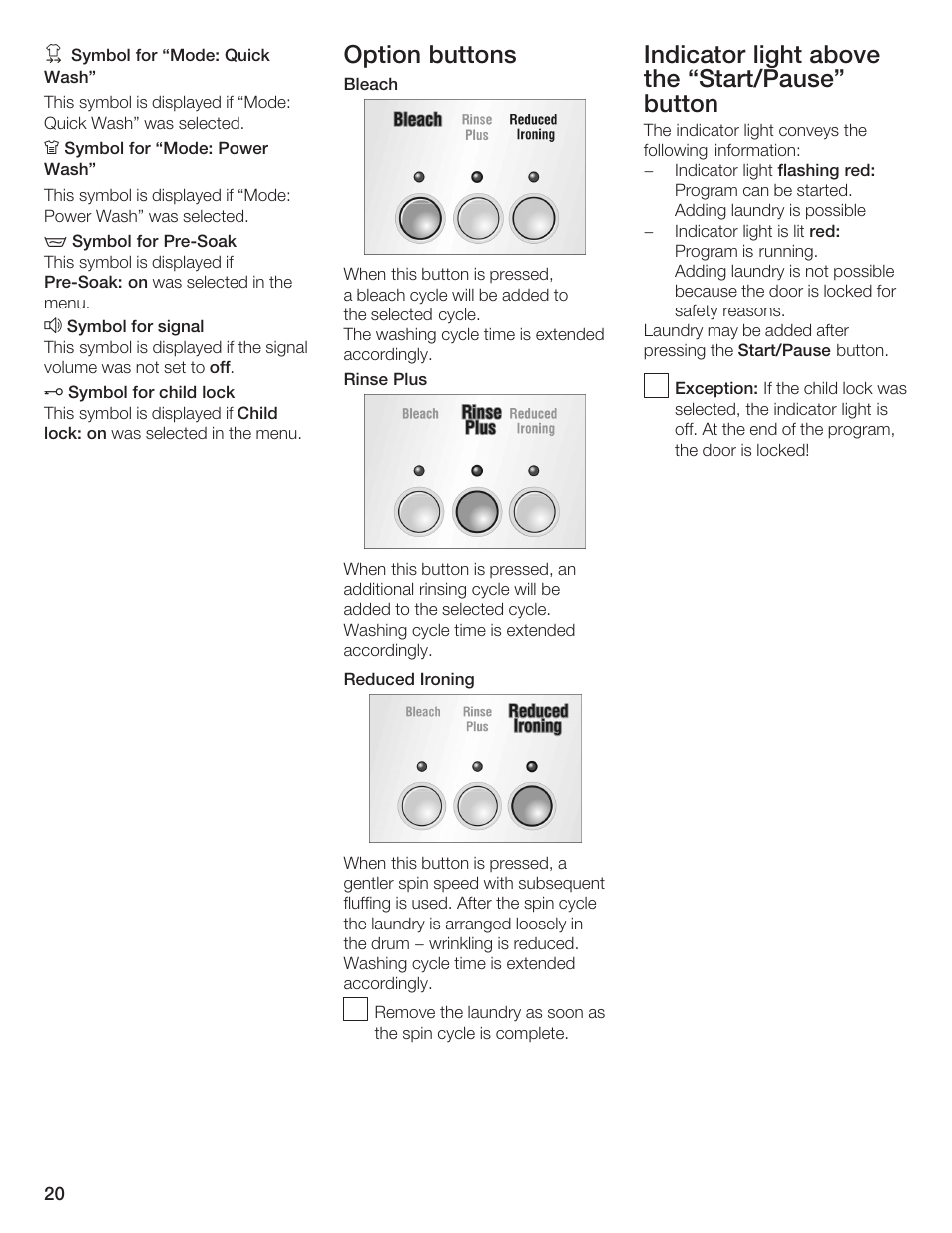 Option buttons, Indicator light above the start/pause" button | Bosch Lavadora Next Premium User Manual | Page 20 / 124