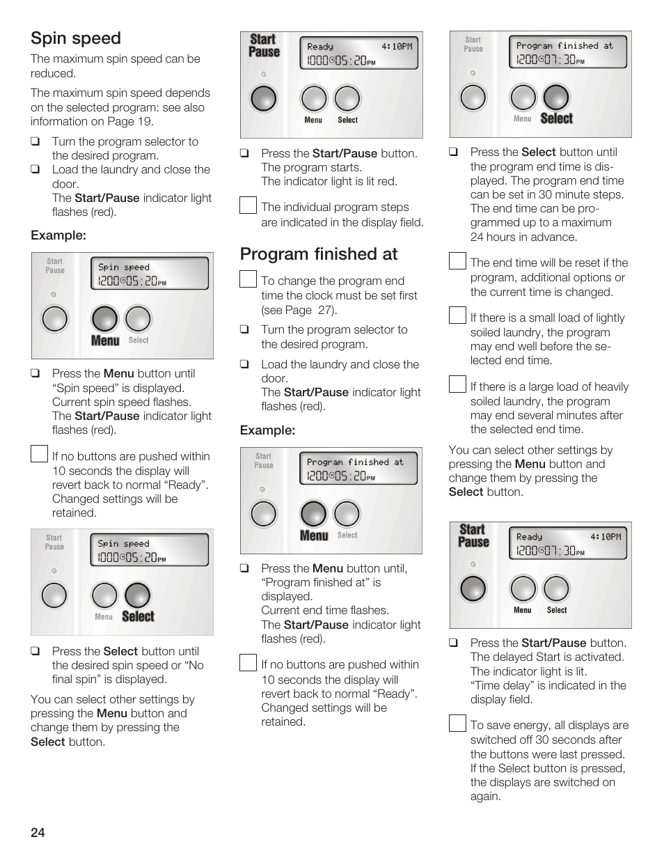 Spin speed, Program finished at | Bosch Lavadora Next Premium User Manual | Page 24 / 124