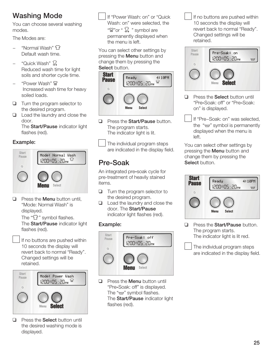 Washing mode, Prećsoak | Bosch Lavadora Next Premium User Manual | Page 25 / 124