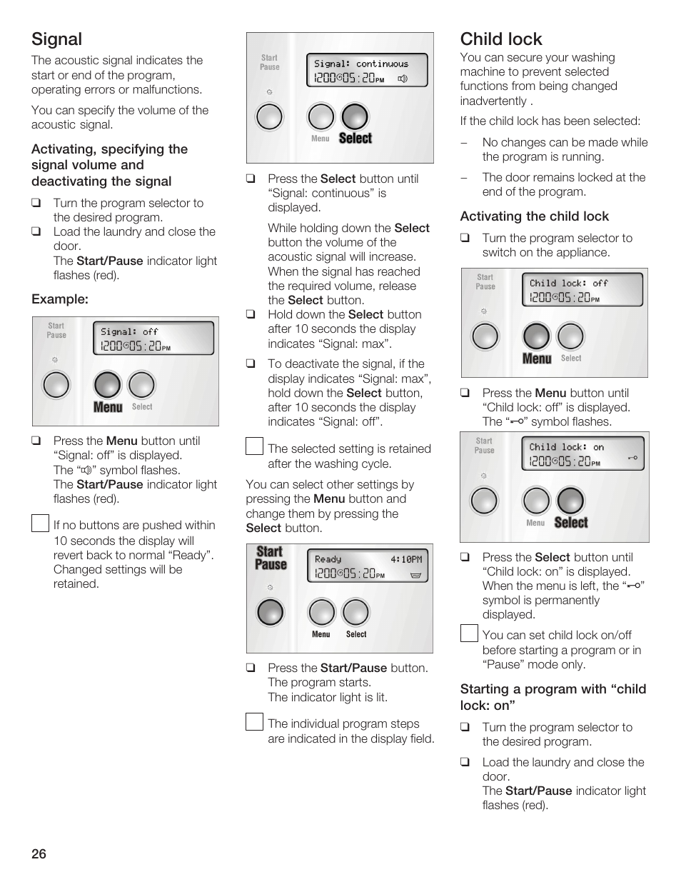 Signal, Child lock | Bosch Lavadora Next Premium User Manual | Page 26 / 124