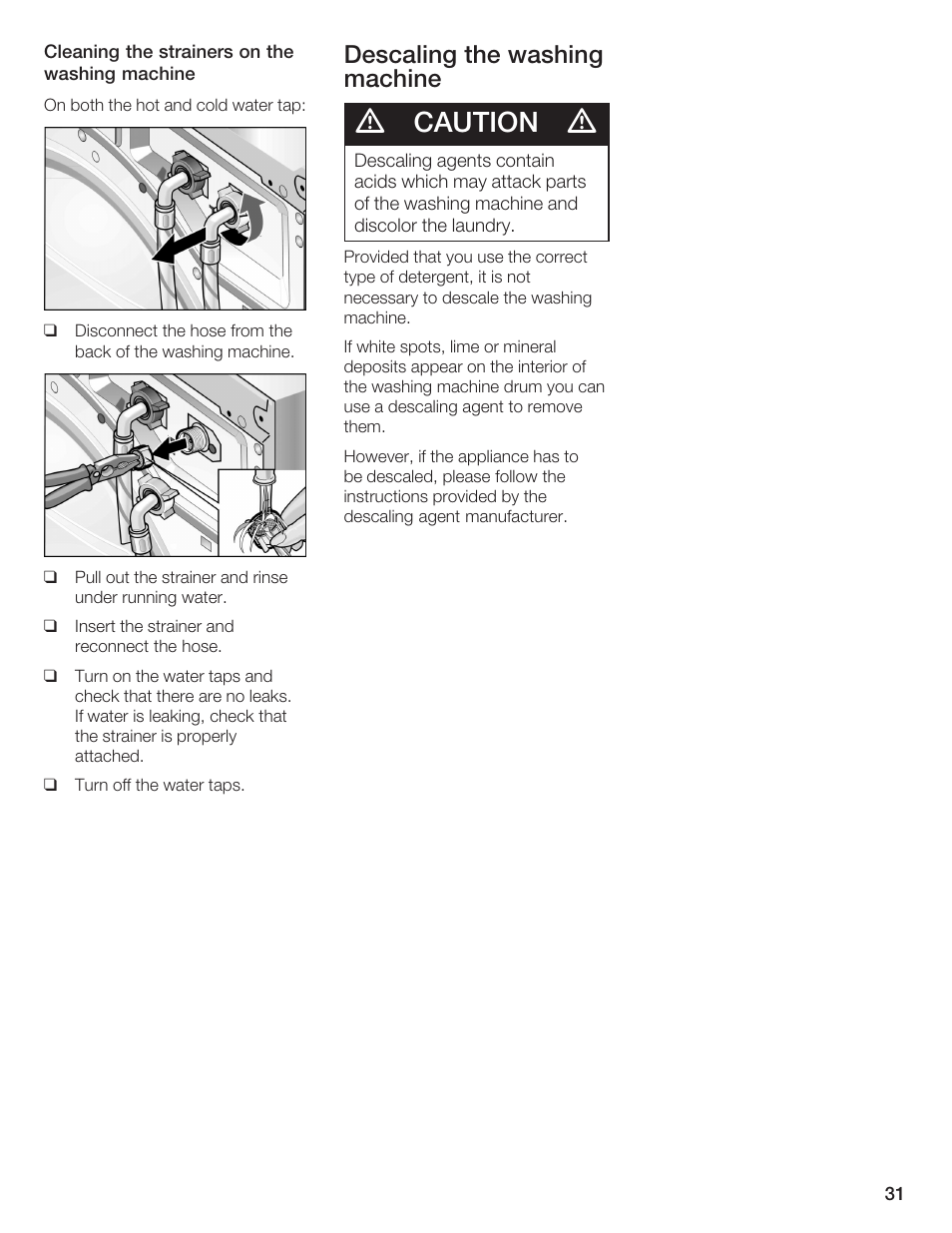 Caution, Descaling the washing machine | Bosch Lavadora Next Premium User Manual | Page 31 / 124