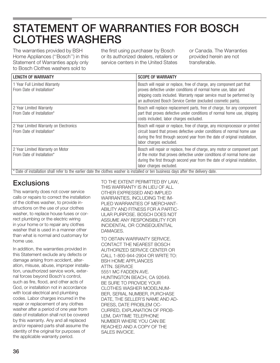 Statement of warranties for bosch clothes washers, Exclusions | Bosch Lavadora Next Premium User Manual | Page 36 / 124