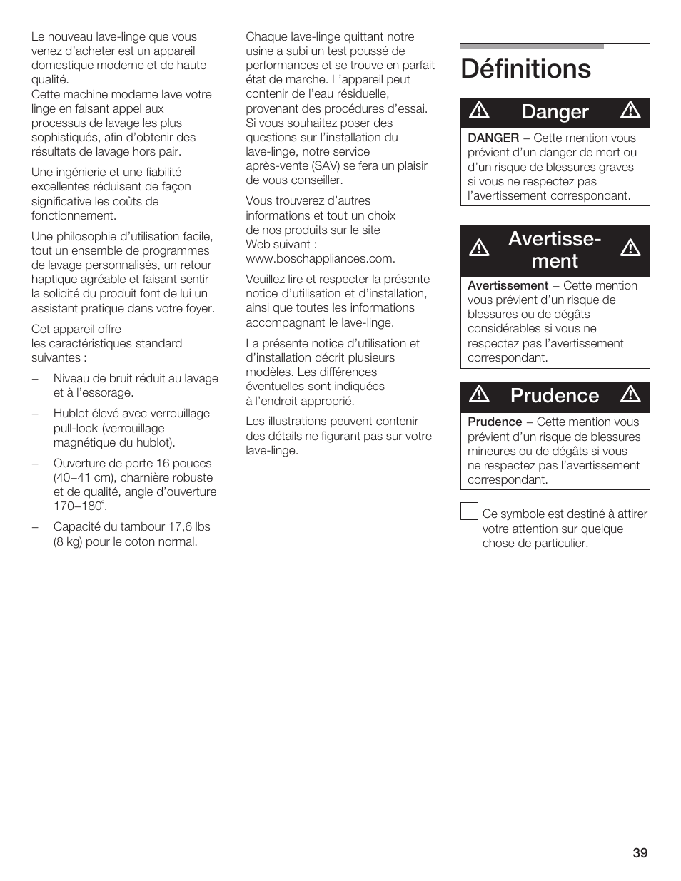 Définitions, Danger, Avertisseć ment | Prudence | Bosch Lavadora Next Premium User Manual | Page 39 / 124