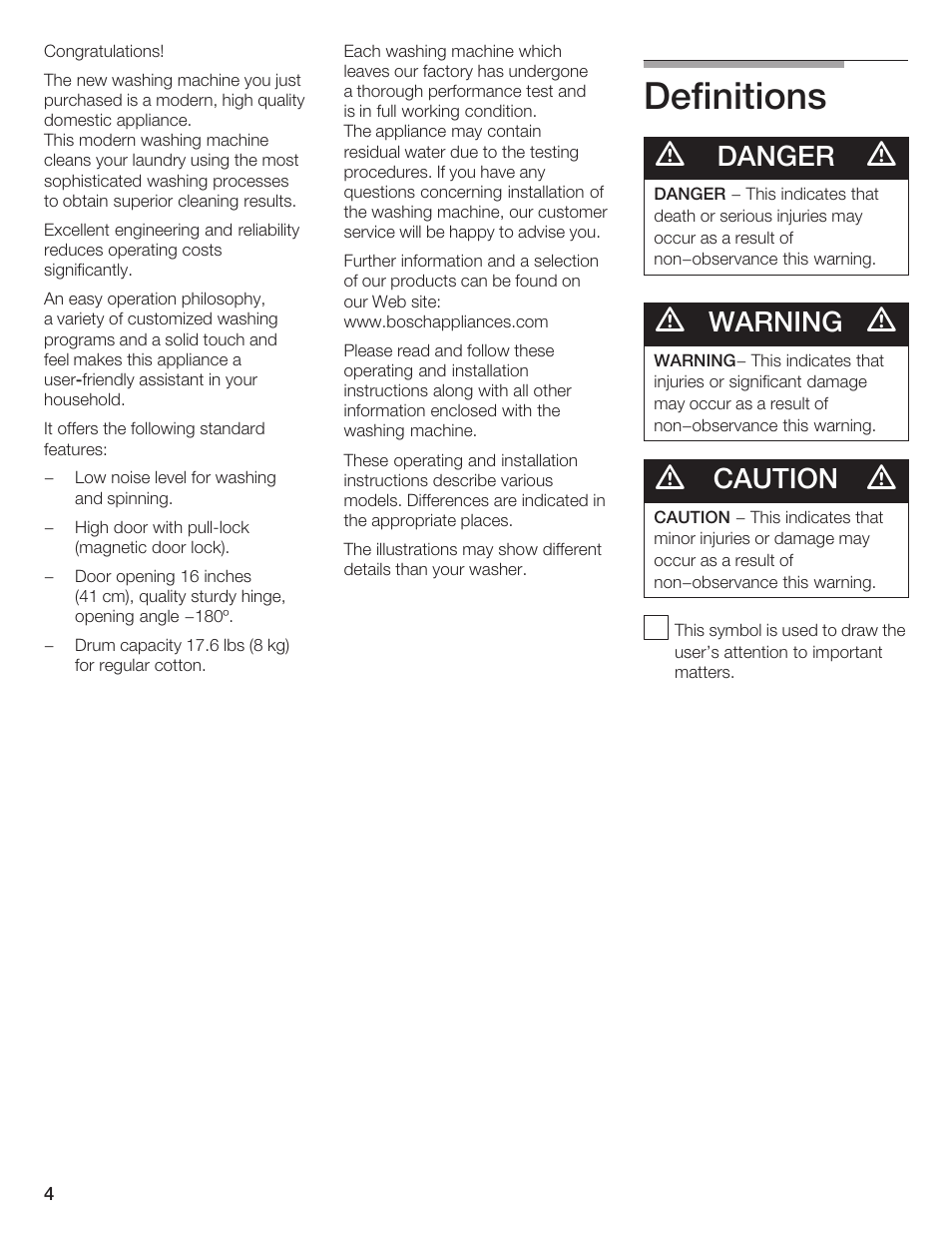 Definitions, Danger, Warning | Caution | Bosch Lavadora Next Premium User Manual | Page 4 / 124