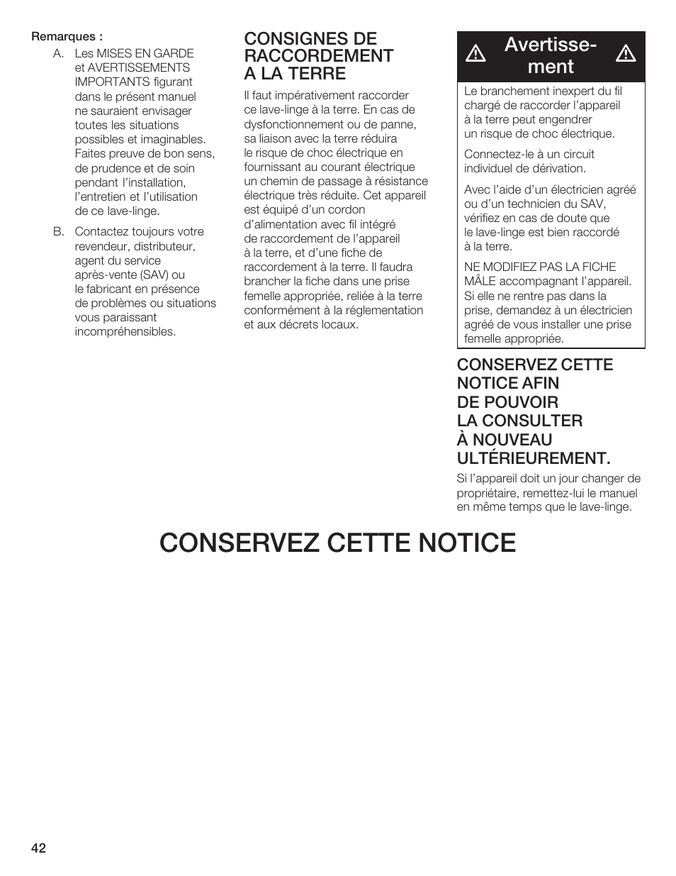 Conservez cette notice, Avertisseć ment, Consignes de raccordement a la terre | Bosch Lavadora Next Premium User Manual | Page 42 / 124