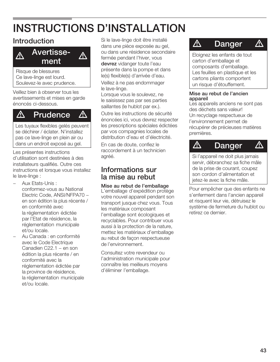 Instructions d'installation, Avertisseć ment, Prudence | Danger, Introduction, Informations sur la mise au rebut | Bosch Lavadora Next Premium User Manual | Page 43 / 124