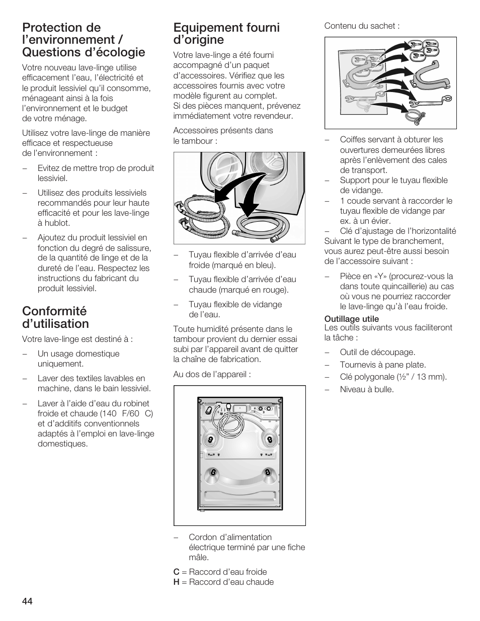 Conformité d'utilisation, Equipement fourni d'origine | Bosch Lavadora Next Premium User Manual | Page 44 / 124