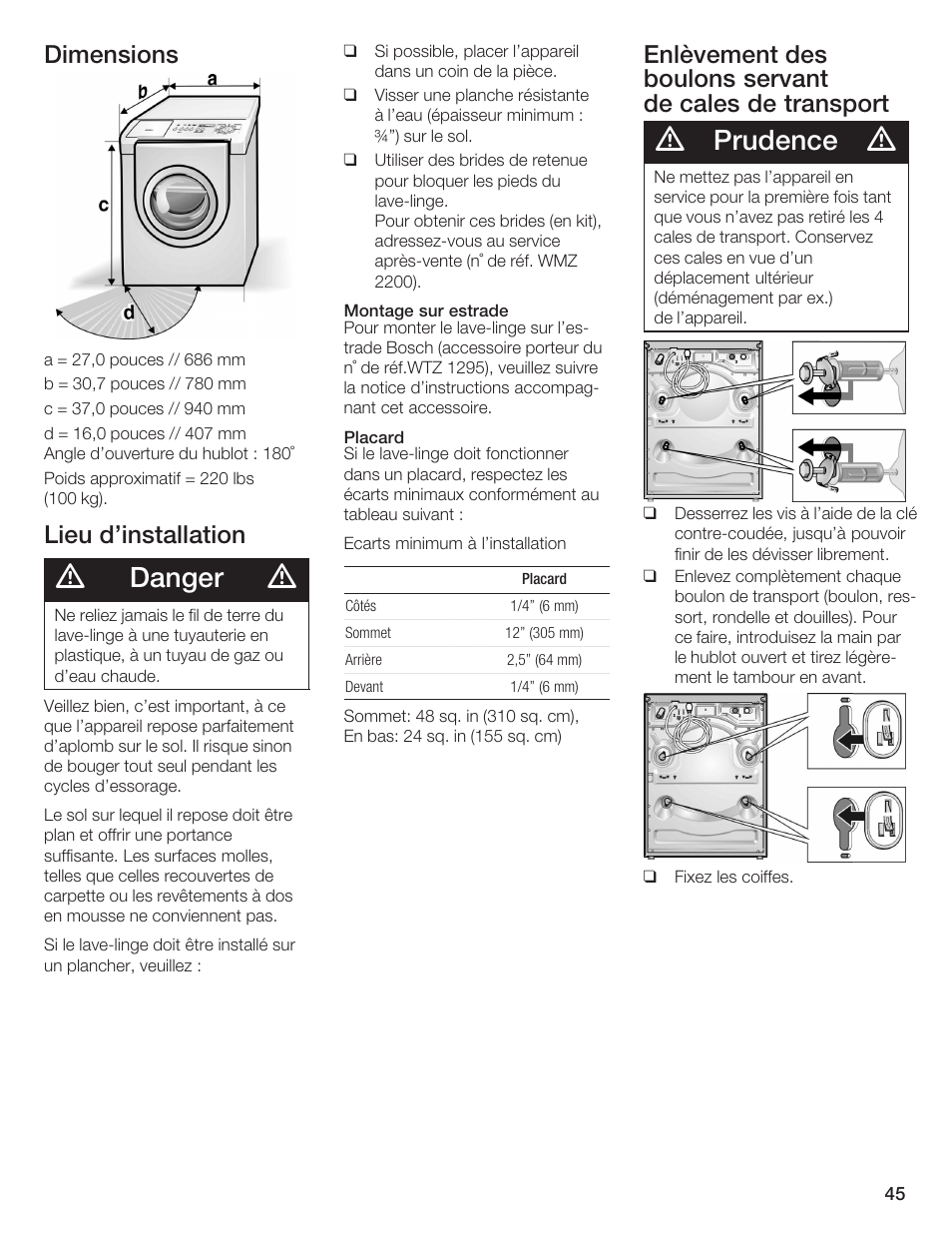 Danger, Prudence, Dimensions | Lieu d'installation | Bosch Lavadora Next Premium User Manual | Page 45 / 124