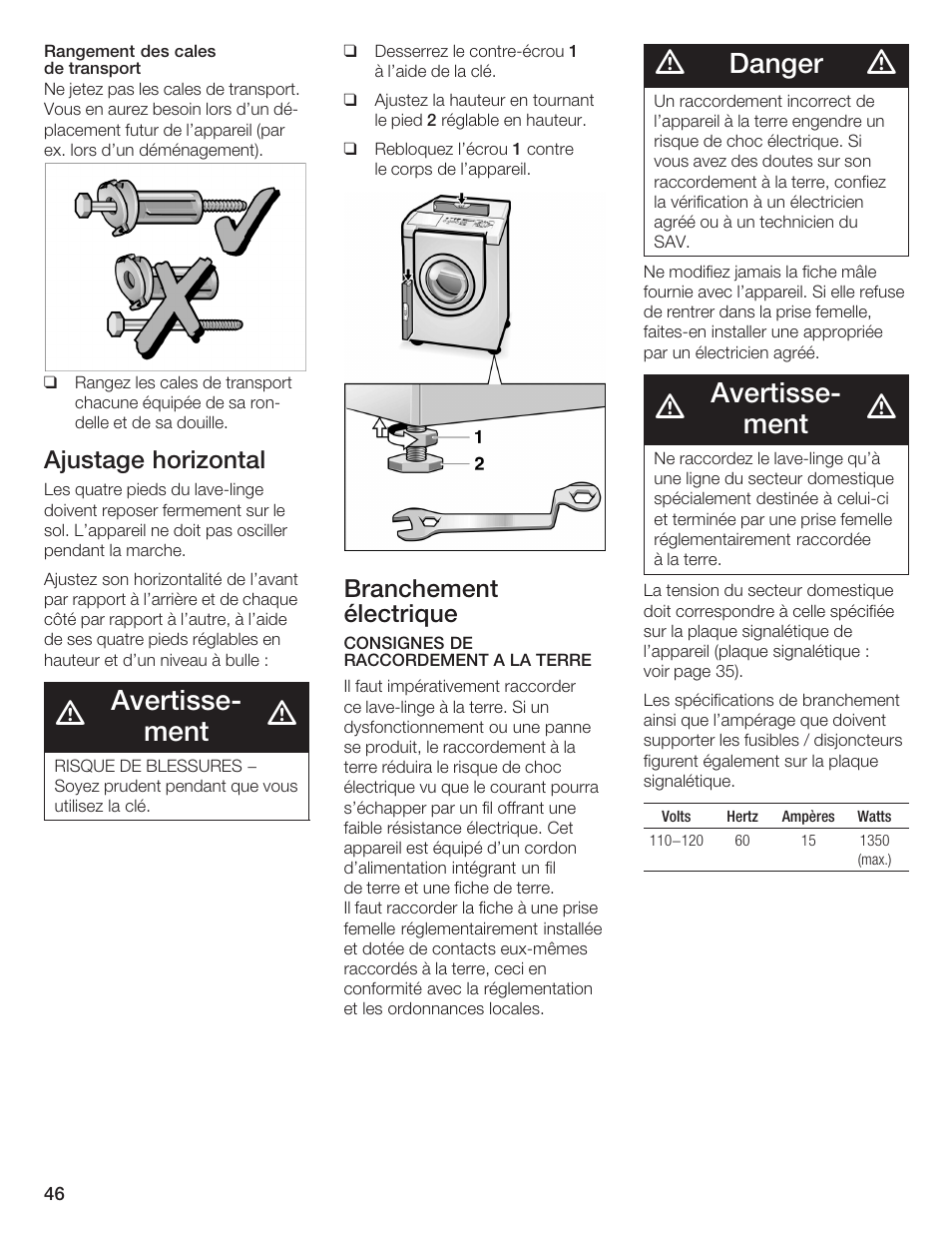 Avertisseć ment, Danger, Ajustage horizontal | Branchement électrique | Bosch Lavadora Next Premium User Manual | Page 46 / 124