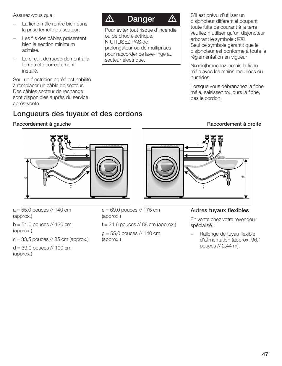 Danger, Longueurs des tuyaux et des cordons | Bosch Lavadora Next Premium User Manual | Page 47 / 124