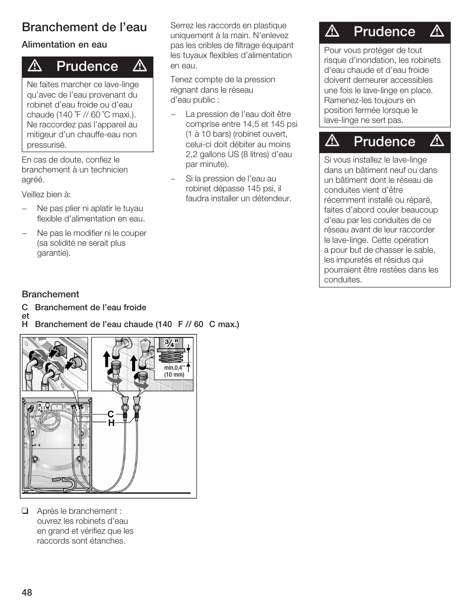 Prudence, Branchement de l'eau | Bosch Lavadora Next Premium User Manual | Page 48 / 124