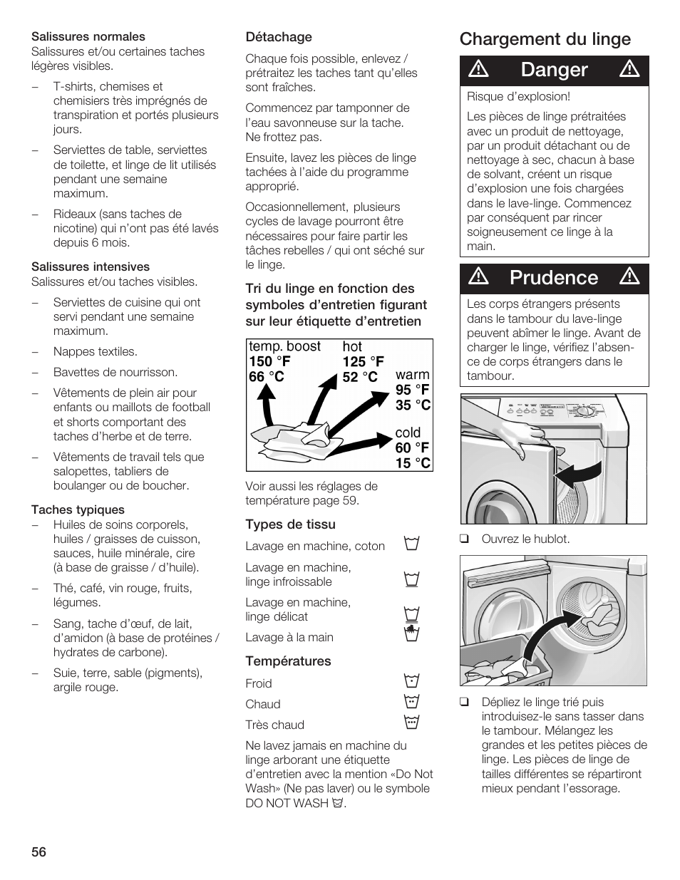 Danger, Prudence, Chargement du linge | Bosch Lavadora Next Premium User Manual | Page 56 / 124