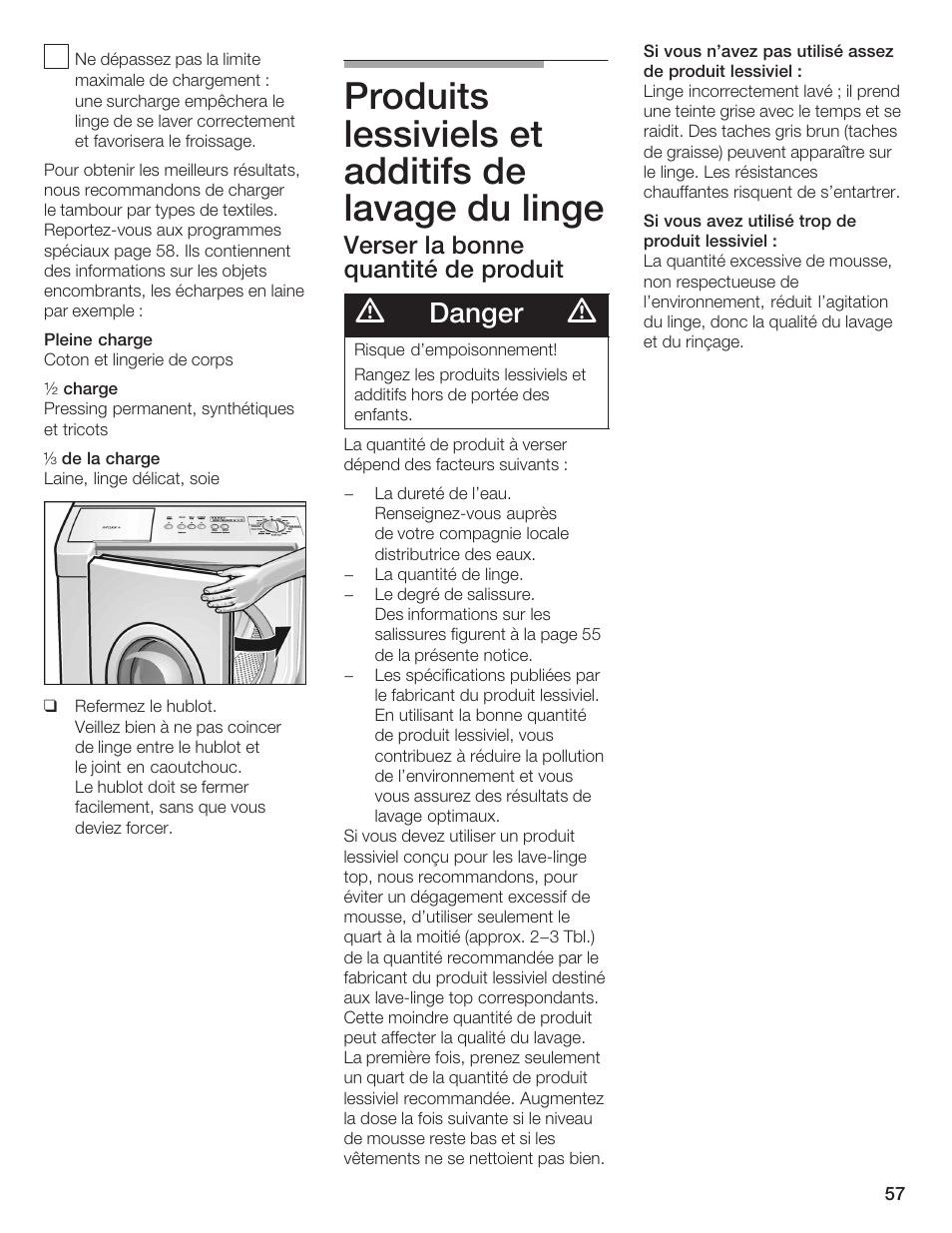 Produits lessiviels et additifs de lavage du linge, Danger, Verser la bonne quantité de produit | Bosch Lavadora Next Premium User Manual | Page 57 / 124