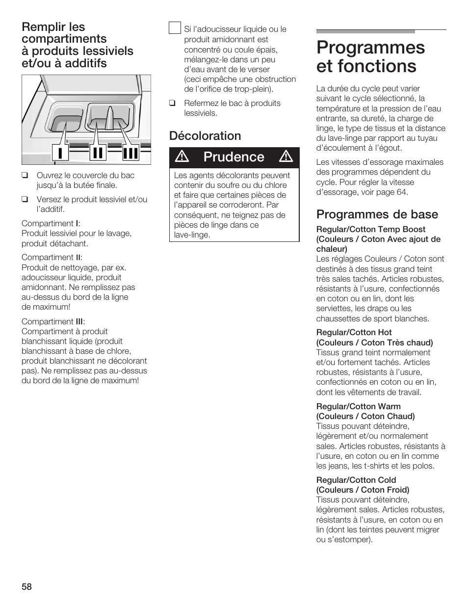 Programmes et fonctions, Prudence, Décoloration | Programmes de base | Bosch Lavadora Next Premium User Manual | Page 58 / 124