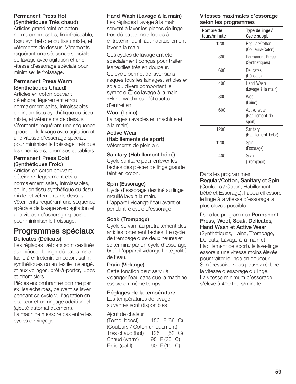 Programmes spéciaux | Bosch Lavadora Next Premium User Manual | Page 59 / 124